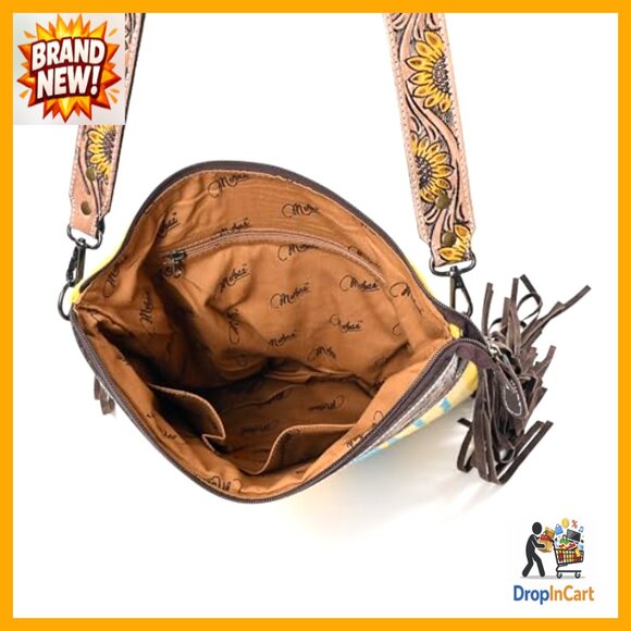 Handwoven Woolen Saddle Blanket Crossbody Bag Boho Western Tooled Leather - Picture 5 of 7